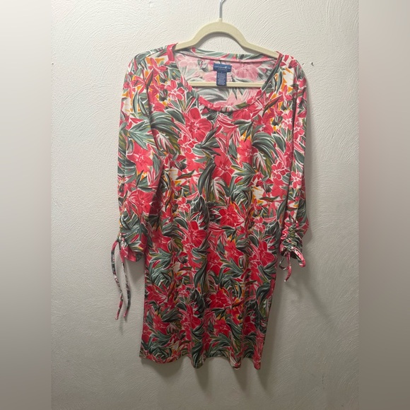 Caribbean Joe Feminine Pink Tropical Shift Tunic Mini Dress Resort Vacation L - Picture 2 of 4